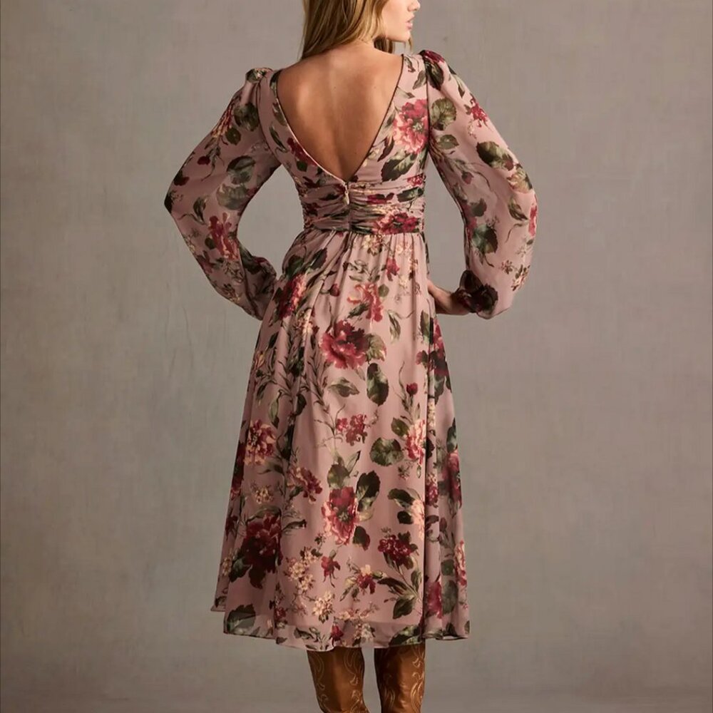 NWT Azazie Stevie Midi Dress Mauve Floral Elegant Fairycore Sheer Chiffon 12 - Picture 2 of 13